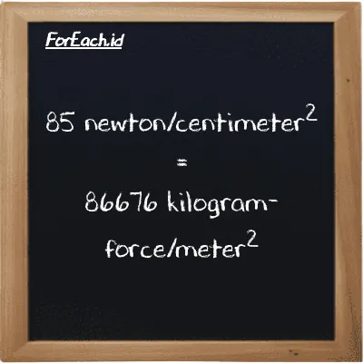 Cara konversi newton/centimeter<sup>2</sup> ke kilogram-force/meter<sup>2</sup> (N/cm<sup>2</sup> ke kgf/m<sup>2</sup>): 85 newton/centimeter<sup>2</sup> (N/cm<sup>2</sup>) setara dengan 85 dikalikan dengan 1019.7 kilogram-force/meter<sup>2</sup> (kgf/m<sup>2</sup>)